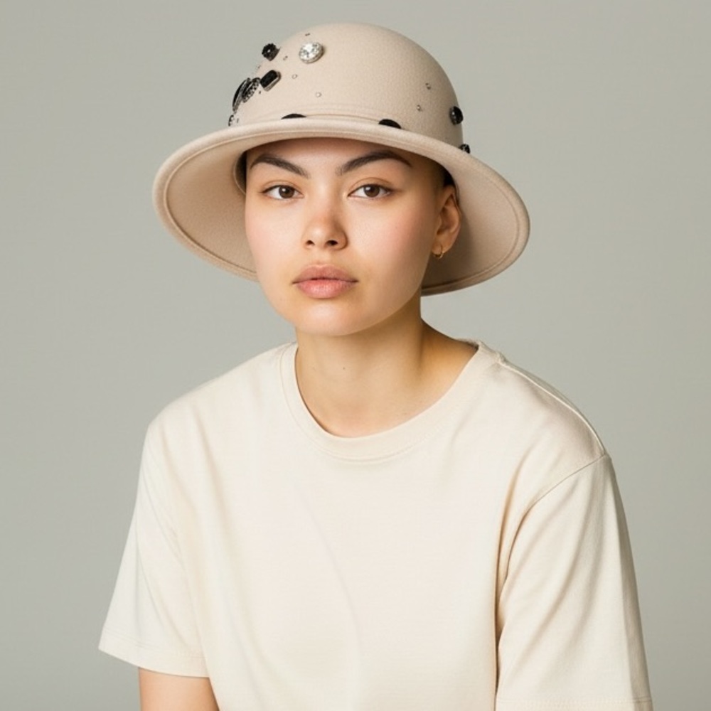 Complit by Marisa Designer 100% Wool Cream Cloche Hat Adorned One of Kind Bling